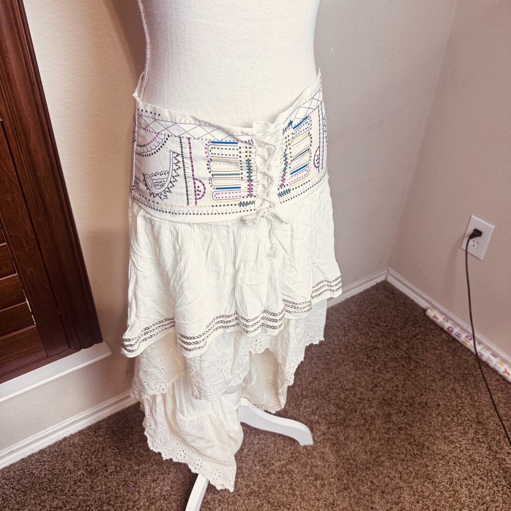 Boho Gypsy Skirt Ivory Ruffle High Low lace trim corset waist lace up sz M - Picture 3 of 9